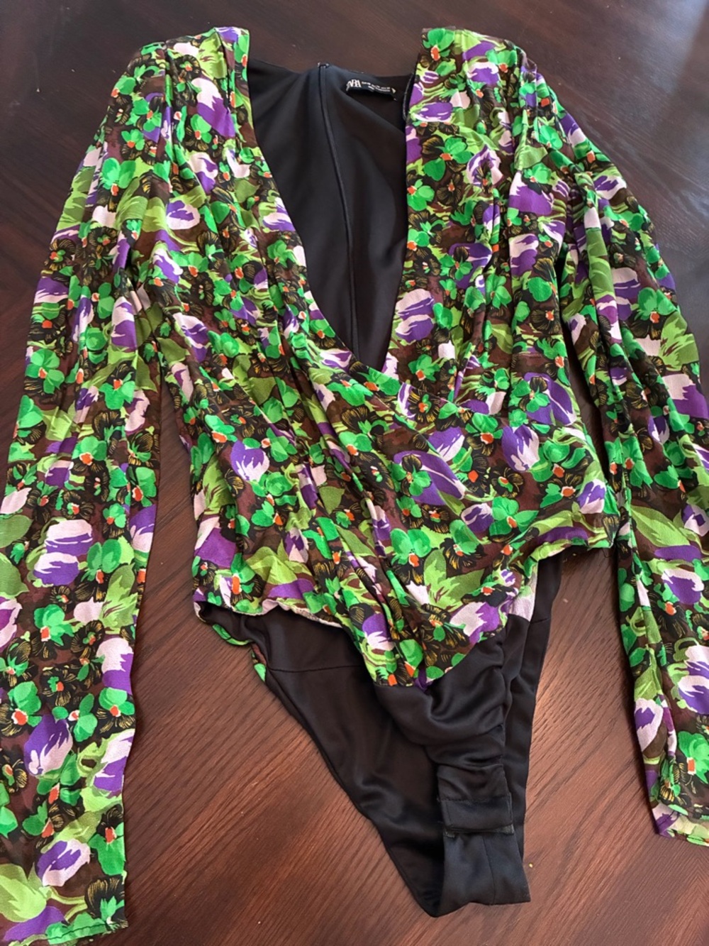 Zara Black Bodysuit with Green & Purple Floral Overlay